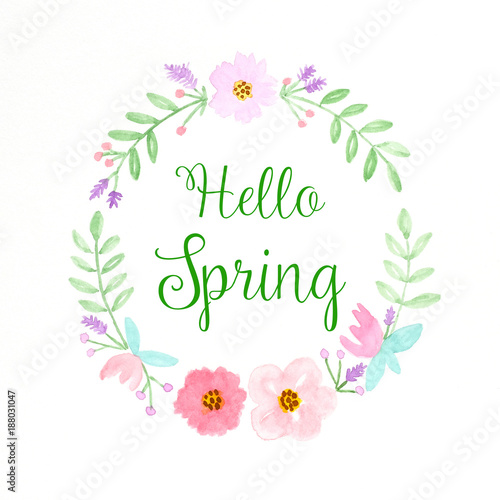 Hello Spring Flowers Wreath Watercolors Hand Drawing Flowers In