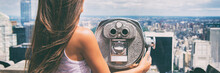 New York City Tourist Looking At View Of NYC Skyline With Binoculars. Tourism In The United States Of America Travel Banner Panorama Lifestyle People. American Vacation.