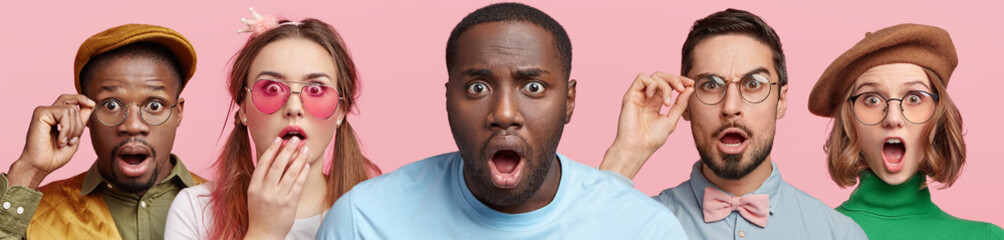 Five people of different nationalities express great shock as hear horrified unexpected news, keep mouth opened, stare at camera, isolated over pink background. People and facial expressions concept