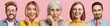 © WHstudio Leushin N - Five friends of different age group meet together on conference, express positive emotions, being glad to be involved in scientific work, isolated over pink background. Friendship and people