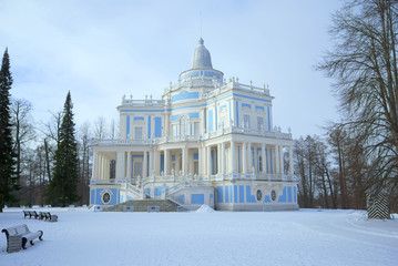 Pavilion of a sliding hill in the palace park Oranienbaum in February  day. Russia