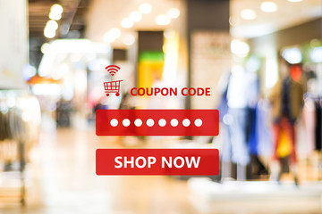 Coupon code on blur store background, web banner shopping on line promotion, on line shopping, digital marketing, business and technology concept