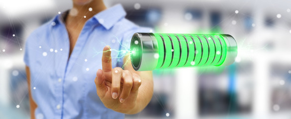 Poster - Businessman using green battery with lightnings 3D rendering