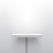 White realistic vector shelf or table on one pole stand. Empty template for product display. Advertising equipment mockup in 3d style. Exhibition furniture, isolated, light grey colored.