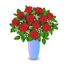 Bouquet Of Red Roses Isolated On White Background. Realistic Vector