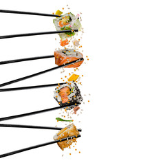 Poster - Pieces of sushi with wooden chopsticks, separated on white background.