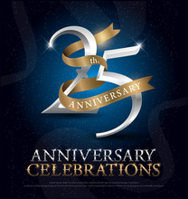 25th Years Anniversary Celebration Silver And Gold Logo With Golden Ribbon On Dark Blue Background. Vector Illustrator