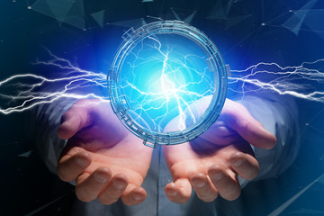 Poster - Thunder lighting bolt in a science fiction wheel interface - 3d rendering