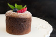 CHOCOLATE MOLTEN LAVA CAKE DECORATED WITH ICING SUGAR AND FRUIT ON A CAKESTAND