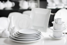 Hotel Restaurant White Dishes Assortment. Stylish Crockery Set. Luxury And Sophistication Concept