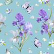 Floral Seamless Pattern with Purple Blooming Iris Flowers and Flying Butterflies. Watercolor Nature Background for Fabric, Wallpaper, Invitations. Vector illustration
