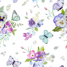 Floral Seamless Pattern With Blooming Flowers And Flying Butterflies. Watercolor Nature Background For Fabric, Wallpaper, Invitations. Vector Illustration