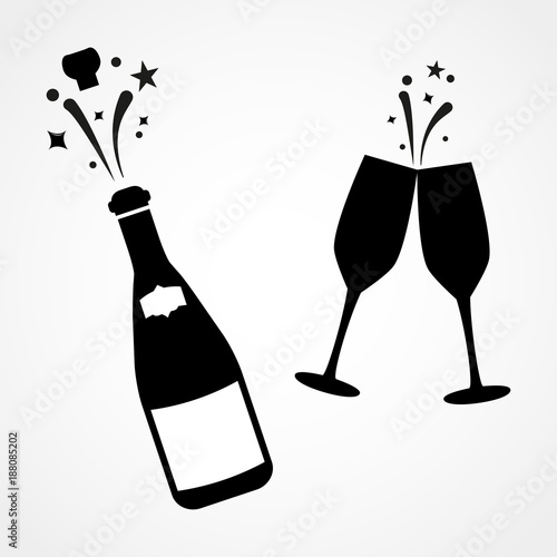 Champagne bottle and two glasses black silhouette icons. Simple vector