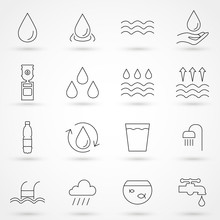 Set Of Water In Modern Thin Line Style. High Quality Black Outline Drop Symbols For Web Site Design And Mobile Apps. Simple Water Pictograms On A White Background.