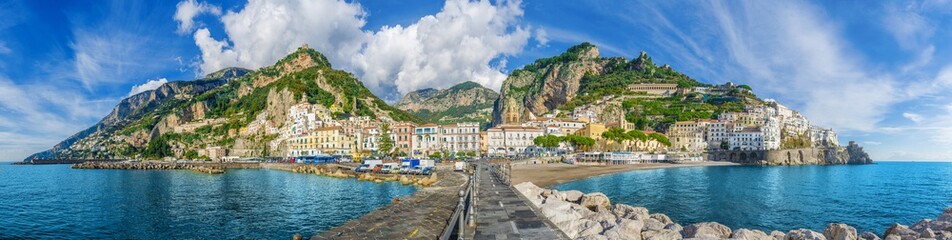beautiful panorama of amalfi, the main town of the coast on which it is located taken from the sea. 