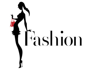 Black and white fashion woman silhouette with red bag, boutique logo, sale banner, shopping advertising. Hand drawn vector illustration art