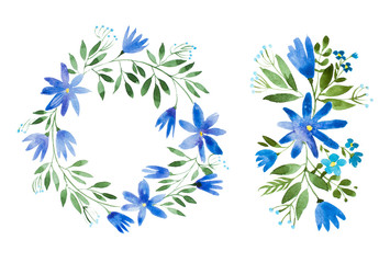 Romantic cornflower garland hand-drawn with watercolor technique. Hand-drawn rustic floral wreath