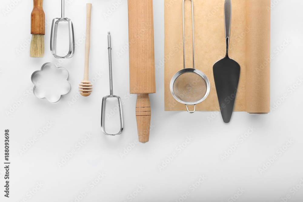 Kitchen utensils for pastries on white background