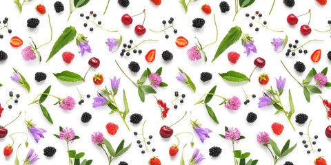 Wall Mural - Seamless pattern from plants, wild flowers and  berries, isolated on white background, flat lay, top view. The concept of summer, spring, Mother's Day, March 8. 