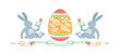 Colorful Easter decorative greeting frame with rabbits, curls, egg and tulips flowers. Vector illustration, isolated on background.