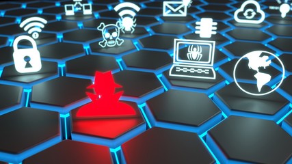 Red hacker and white security symbols floating on black glowing hexagon grid