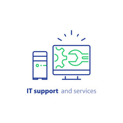 Computer upgrade, system update, software installation, repair services, IT support line icon