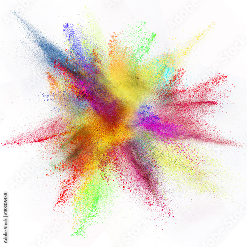 Explosion of colored powder on white background