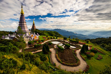 Landscape Of Two Pagoda On The Top Of Inthanon Mountain In Doi Inthanon National Park, Chiang Mai, Thailand.