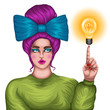 Vector hand drawn colored portrait of a young pensive girl with a big bow in a high hairstyle. Woman thinking, looking up and showing at light bulb to side with her hand idea concept.