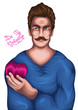 Vector hand drawn colored portrait of a young man with a mustache and trendy brown hairstyle in a blue T-shirt holding a purple satin heart in hand. Greeting card with a date of St. Valentine's Day