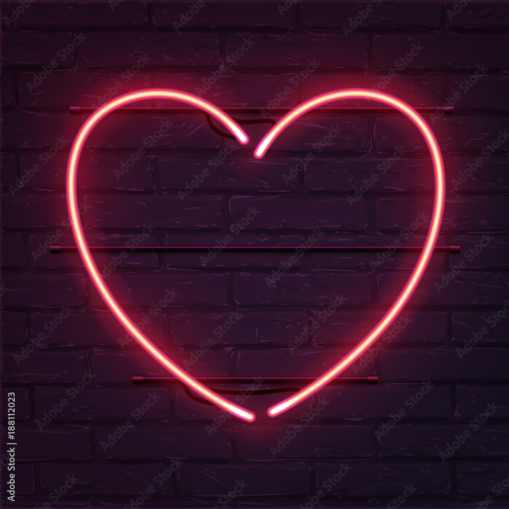 Heart pink neon sign. Vector realistic neon heart on brick wall. Stock ...