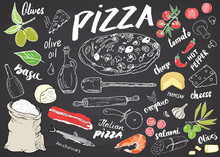 Pizza Menu Hand Drawn Sketch Set. Pizza Preparation Design Template With Cheese, Olives, Salami, Mushrooms, Tomatoes, Flour And Other Ingredients. Vector Illustration On Chalkboard Background