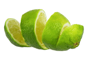 Cut lime in shape of a spiral on white background