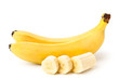 canvas print picture - Two ripe bananas, and cut a piece of peeled banana on a white, isolated.