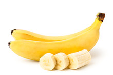 Two Ripe Bananas, And Cut A Piece Of Peeled Banana On A White, Isolated.