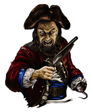 Pirate Zombie With A Gun And A Hook In The Hat, Threatening On White Background 