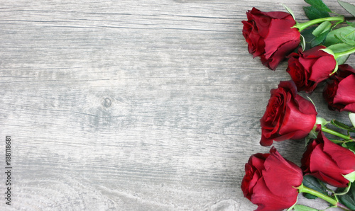 Beautiful Red Roses Still Life Over Rustic Wooden Background Love