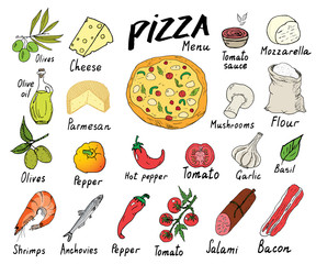 Wall Mural - Pizza menu hand drawn sketch set. Pizza preparation design template with cheese, olives, salami, mushrooms, tomatoes, flour and other ingredients. vector illustration isolated on white background