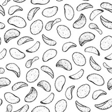 Potato Chips Seamless Pattern. Hand Drawn Vector Illustration. Food Background, Engraved Style. Linear Graphic.