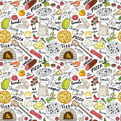 Wall Mural - Pizza seamless pattern hand drawn sketch. Pizza Doodles Food background with flour and other food ingredients, oven and kitchen tools. Vector illustration