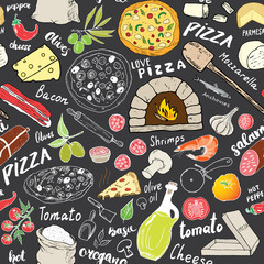 Wall Mural - Pizza seamless pattern hand drawn sketch. Pizza Doodles Food background with flour and other food ingredients, oven and kitchen tools. Vector illustration