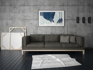 mock up a modern living room with a comfortable sofa and hipster background.