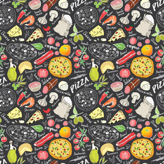 Wall Mural - Pizza seamless pattern hand drawn sketch. Pizza Doodles Food background with flour and other food ingredients, oven and kitchen tools. Vector illustration