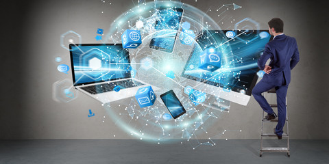 Poster - Tech devices connected to each other by businessman 3D rendering