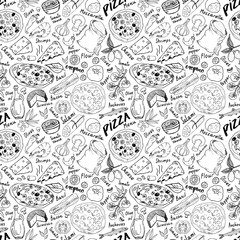 Wall Mural - Pizza seamless pattern hand drawn sketch. Pizza Doodles Food background with flour and other food ingredients, oven and kitchen tools. Vector illustration