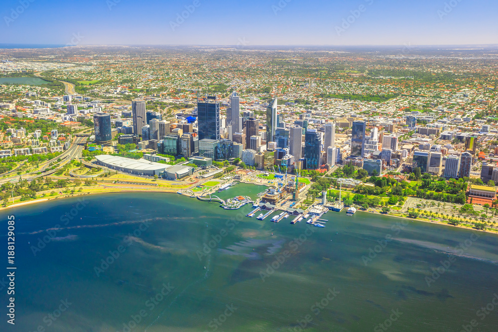 Aerial view of Perth Skyline in Australia. Scenic flight over Elizabeth Quay, Bell Tower, Elizabeth Quay Bridge, Swan River, Perth Convention and Exhibition Center in Western Australia. Copy space. - obrazy, fototapety, plakaty 