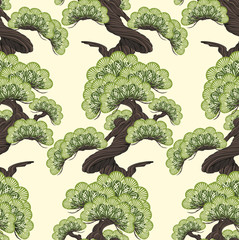 Bonsai pine decorative small tree  seamless pattern