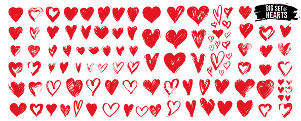 Big set of red grunge hearts. Design elements for Valentine's day. Vector illustration heart shapes. Isolated on white background