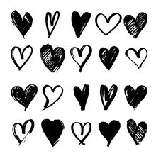 Set Of Black Hand Drawn Heart. Hand Drawn Rough Marker Hearts. For Your Graphic Design. Isolated On White Background. Vector Illustration