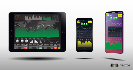 Leinwandbilder -  Tablet PC, Smart Phone Screens With Financial Charts and Graphs.Set Infographics . Eps10